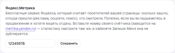 Вкладка «Профиль» в настройках с полем для номера счётчика Яндекс.Метрики